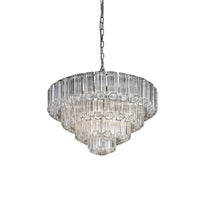 Four-tier extra-large crystal chandelier with clear tubular glass rods and polished metal frame.