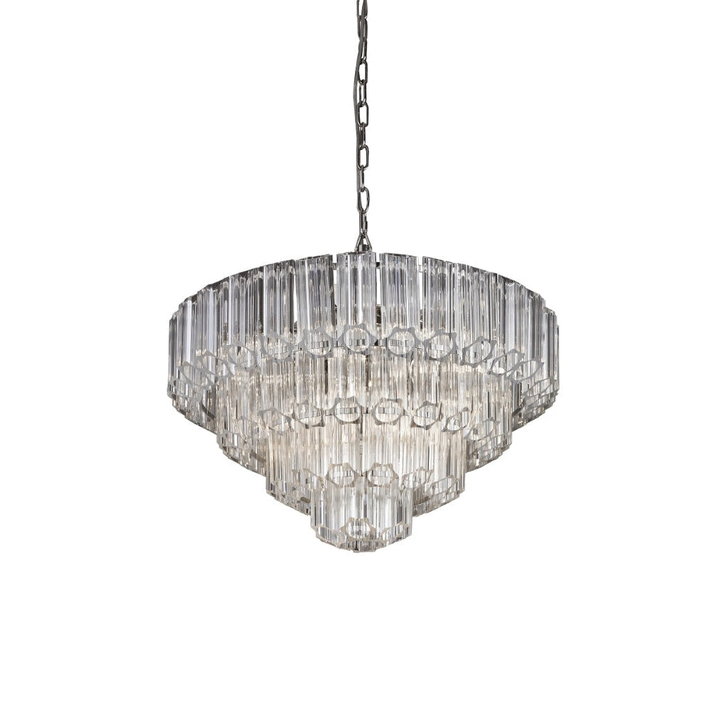 Four-tier extra-large crystal chandelier with clear tubular glass rods and polished metal frame.