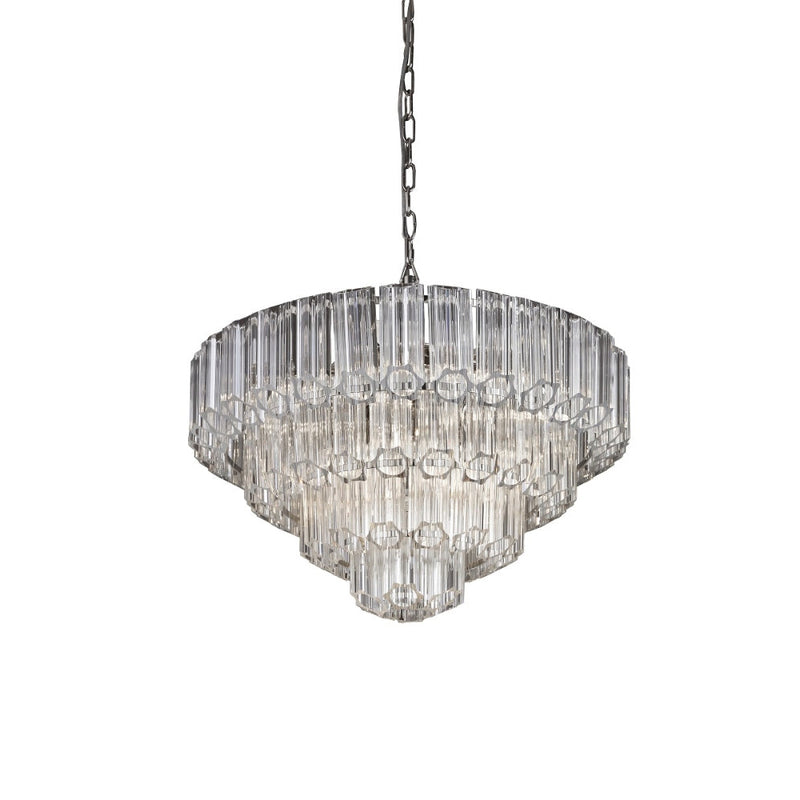 Four-tier extra-large crystal chandelier with clear tubular glass rods and polished metal frame.