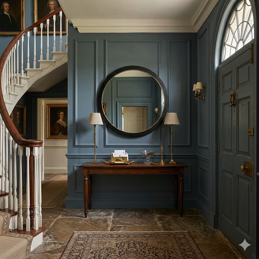 The oversize black wooden mirror is shown in a traditional dark blue hallway next to  a sweeping staircase , over a wooden console with brass lighting. 