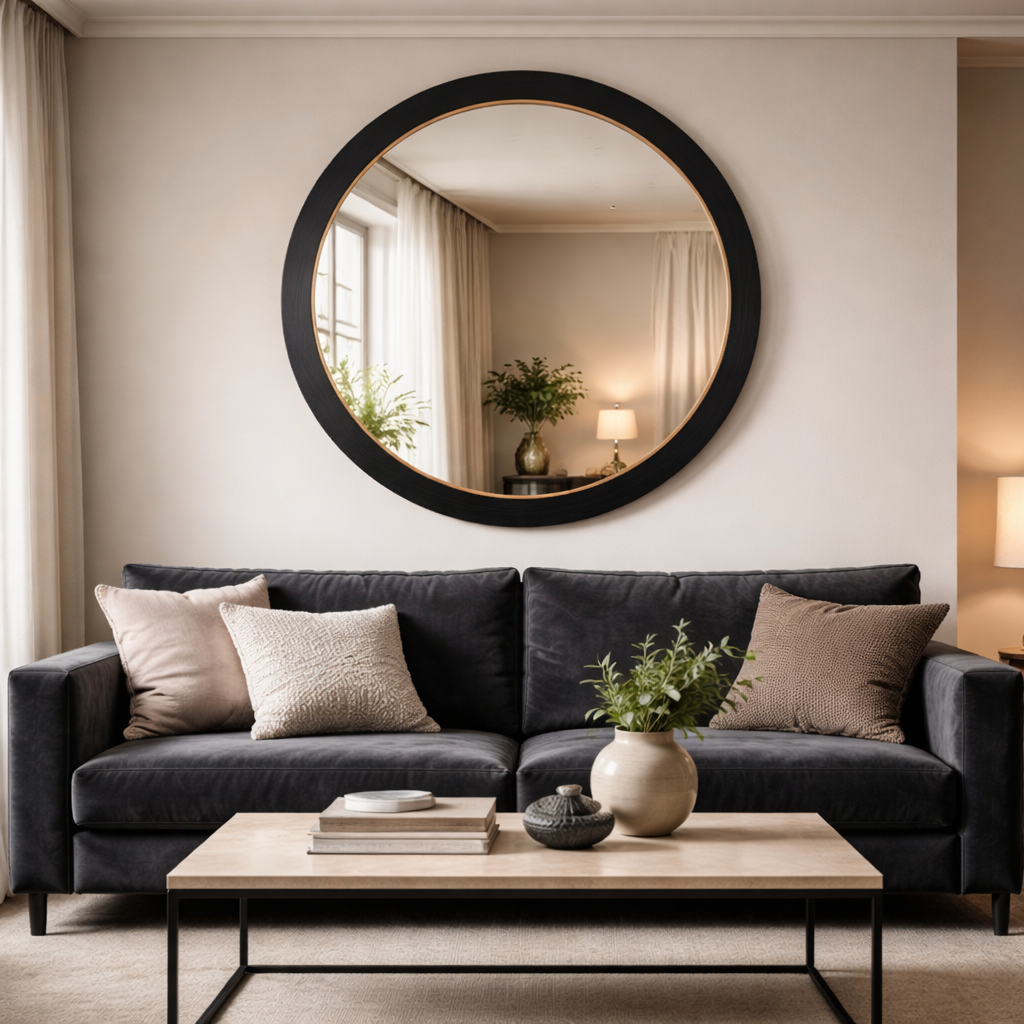 Large mirror over a dark velvet sofa in a luxurious modern living room, with simple coffee table and side light. Perfect living room mirror.