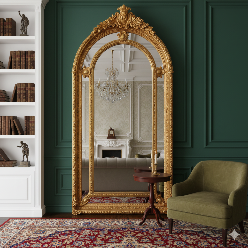 Extremely ornate arched gold mirror with beveled panels. This statement mirror would look amazing in a hallway, just opening up the space and adding a luxurious air to your entryway. In a living room to flash out light and give the illusion of extra space. Stunning rococo revival style with swags and medallions to the crown and heavily ornamented frame. The gilding is a beautifully opulent gilt leaf giving the frame an opulent lustre.