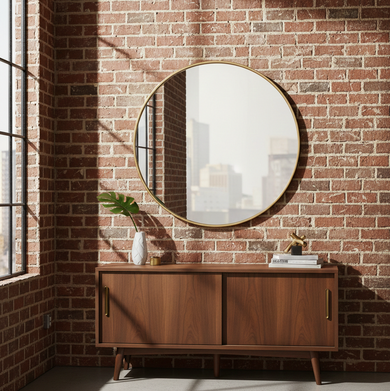 Massive circular mirror on a brick wall above a mid-century sideboard in a n urban loft setting.