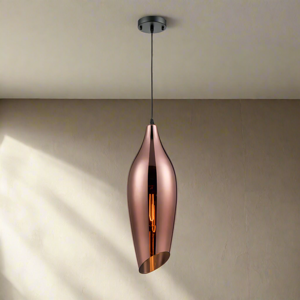 Extra long Aerial copper glass pendant, perfect island pendant. Long asymmetric design contemporary. These jewelled coloured lights are perfect over a kitchen island.