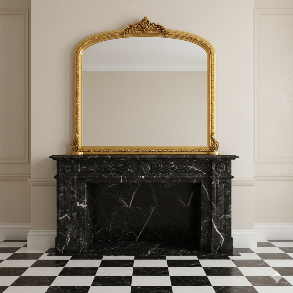 Ornate gilt overmantle mirror with a lavish gold leaf frame, decorative Rococo crest, placed over a stunning black marble fireplace.