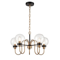 Five Clear glass globes on the five metal arms in antique gold on matte black, a stunning medium size statement light. Adjustable chain offers a long drop for this fitting. An extremely unusual fitting, suitable for a study, bedroom or smaller living room.