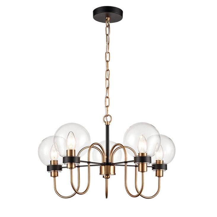Five Clear glass globes on the five metal arms in antique gold on matte black, a stunning medium size statement light. Adjustable chain offers a long drop for this fitting. An extremely unusual fitting, suitable for a study, bedroom or smaller living room.