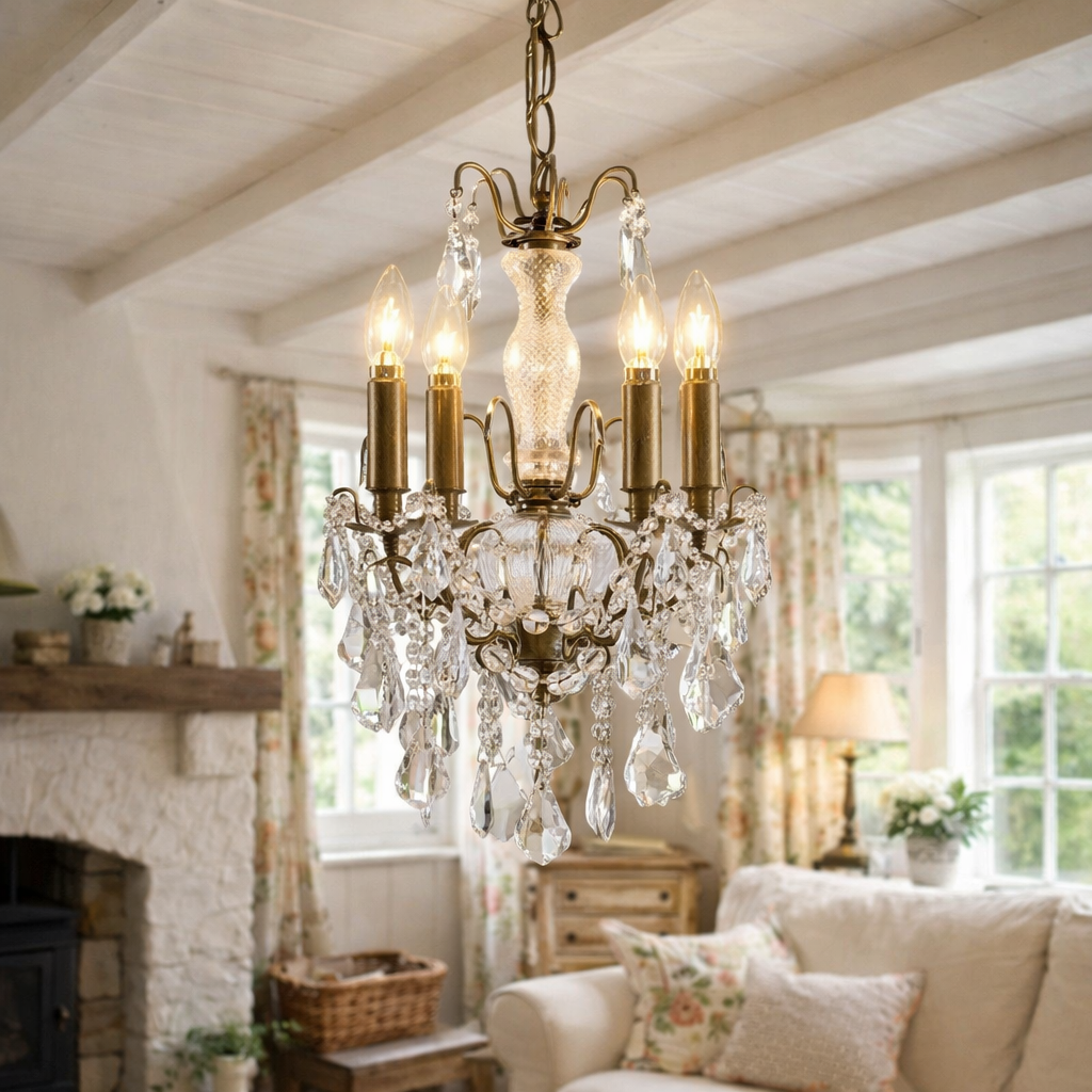 Close up of 5 branch crystal chandelier in a cottage setting