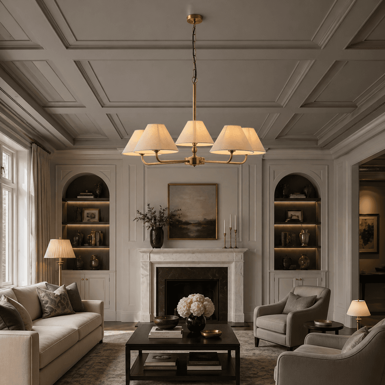 Luxurious living room with a chandelier, sofa, coffee table, and bookshelves.
