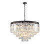 This five-tier chandelier brings timeless glamour and modern elegance together in one striking centerpiece. Its sleek black band frames cascading layers of crystal prisms.