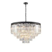 This five-tier chandelier brings timeless glamour and modern elegance together in one striking centerpiece. Its sleek black band frames cascading layers of crystal prisms.