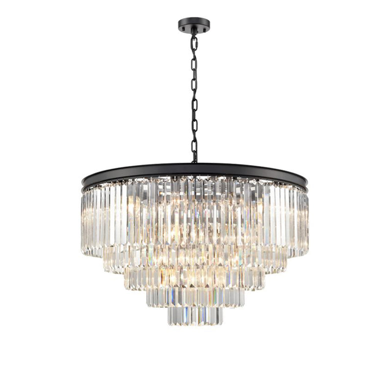 This five-tier chandelier brings timeless glamour and modern elegance together in one striking centerpiece. Its sleek black band frames cascading layers of crystal prisms.