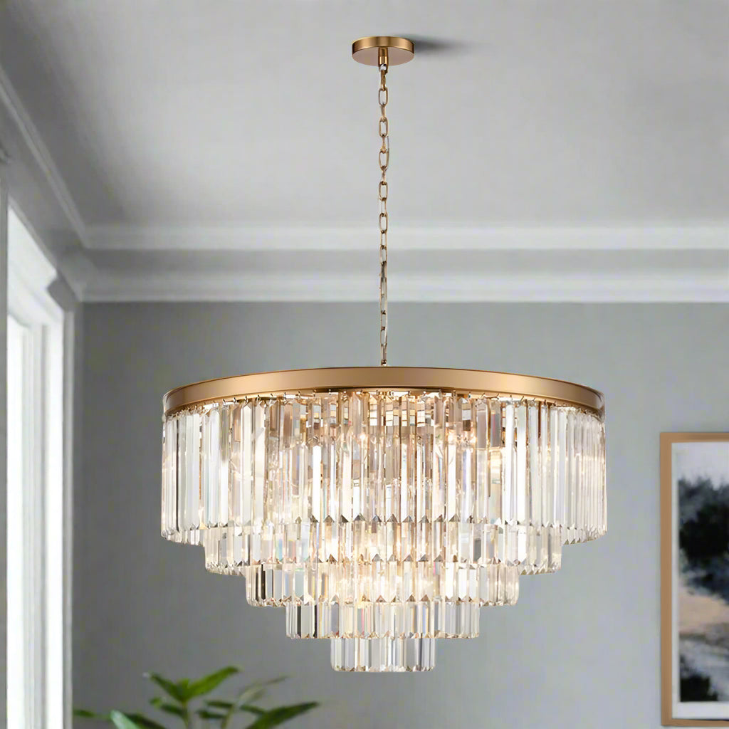 Make a grand statement with this five-tier crystal chandelier, a masterpiece of modern glamour and timeless elegance. This chandelier brings a sense of modern glamour and timeless elegance to any room