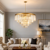 Make a grand statement with this five-tier crystal chandelier, a masterpiece of modern glamour and timeless elegance. This chandelier brings a sense of modern glamour and timeless elegance to any room