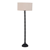 Black wooden floor lamp and linen coloured shade. 