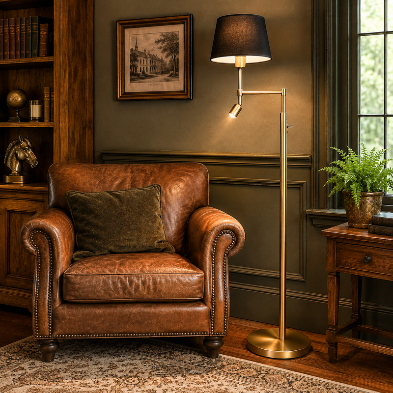 Brushed gold floor lamp with directional LED reading light, with black shade in a cosy corner setting.