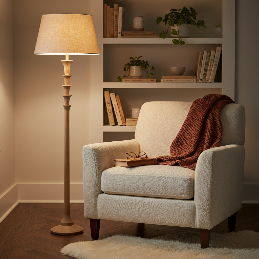 Tall wooden floor lamp with a neutral fabric shade illuminating a cosy reading nook.
