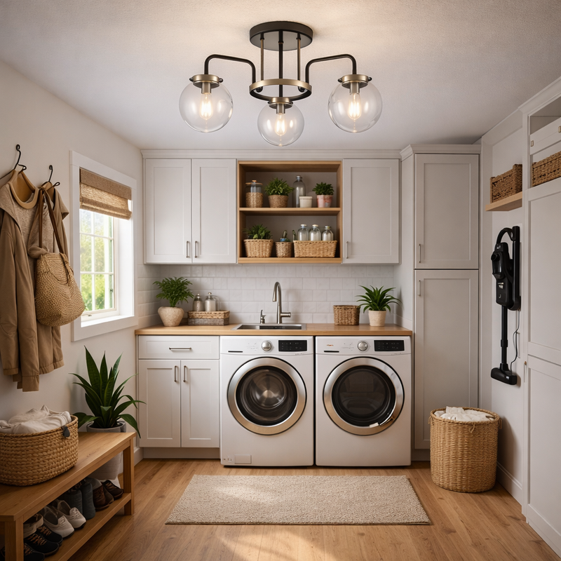 Modern laundry room with washing machine, dryer, and wooden shelves.