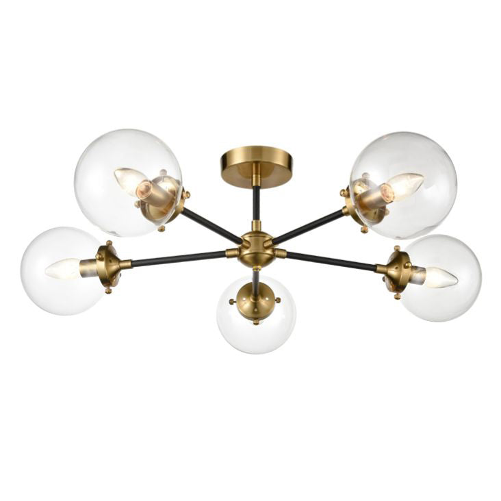 Flush 5 ball ceiling light in matte black and gold finish. A contemporary flush fitting, perfect for a room with a low ceiling, in a study, bedroom or even in a kitchen will spread light.