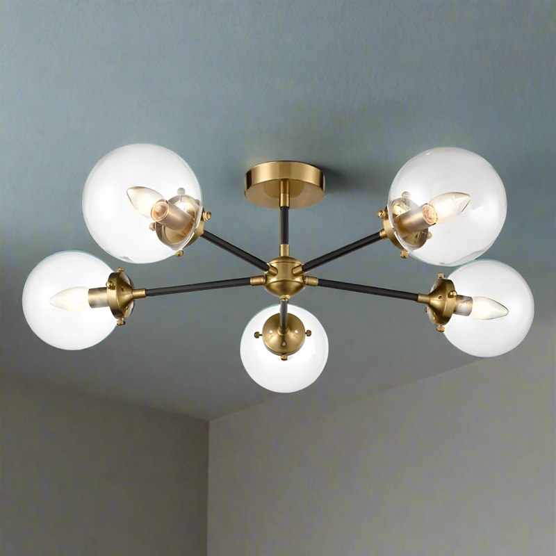 Flush 5 ball ceiling light in matte black and gold finish. A contemporary flush fitting, perfect for a room with a low ceiling, in a study, bedroom or even in a kitchen will spread light.