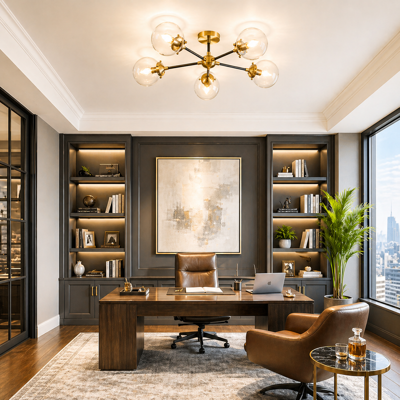 Globe flush light in a modern luxury home office with desk and bookcases.