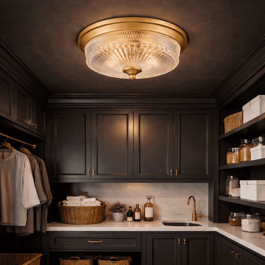 Luxurious laundry room with dark wood cabinets, a gold ceiling light fixture, and various laundry items.