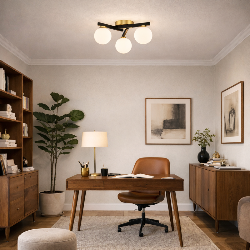 in a home office setting with desk, chair and plants.