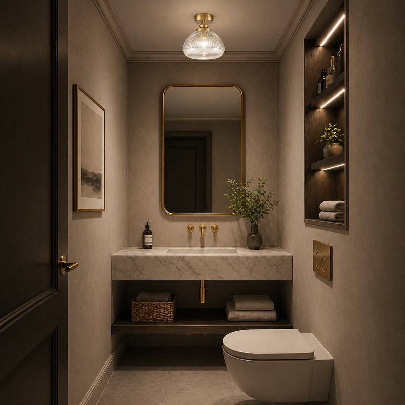Small flush ribbed glass pendant on the ceiling  in a cloakroom
