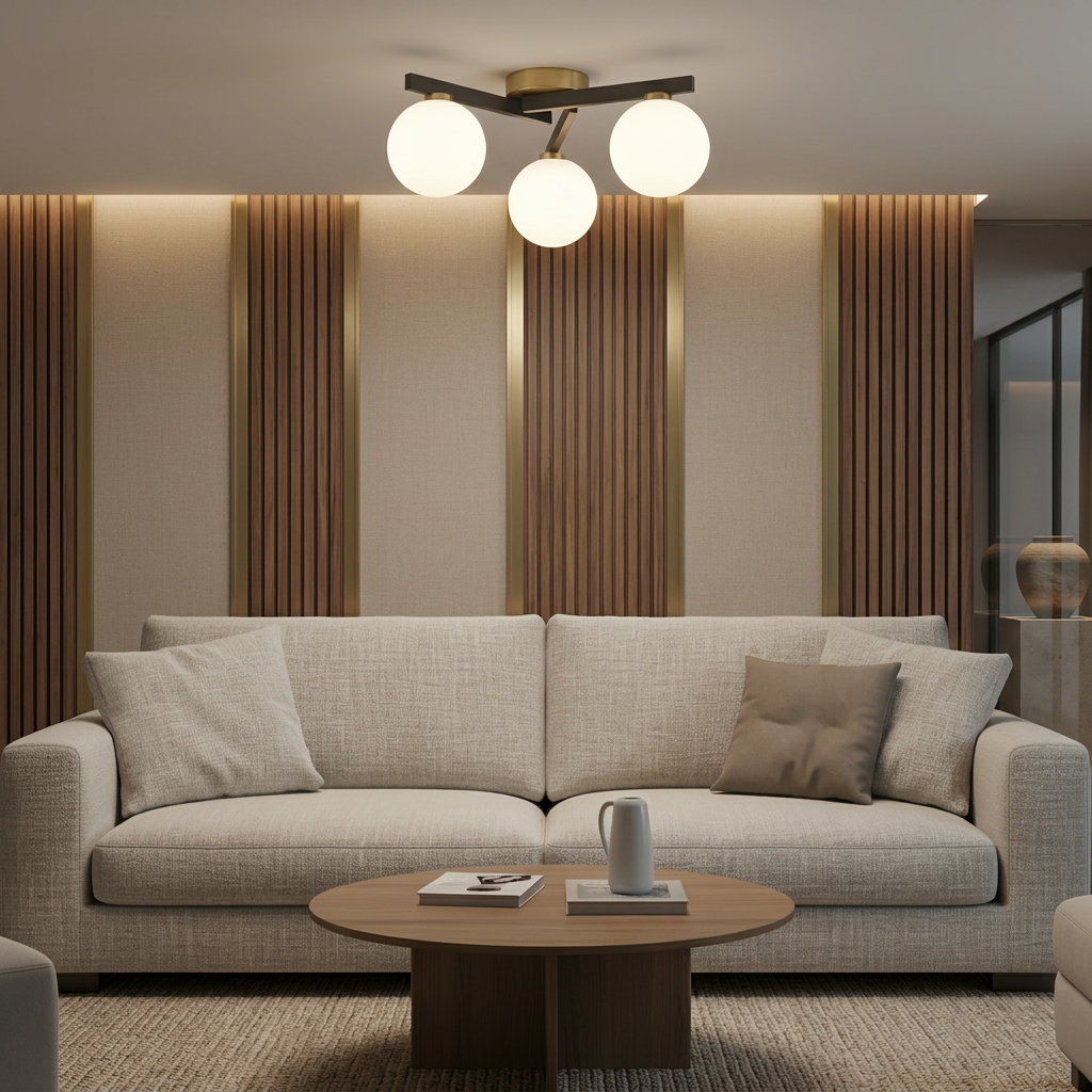 Asymmetric 3-light globe flush mount pairs clean, architectural arms in matte black with brushed brass accents and three softly diffused opal glass globes