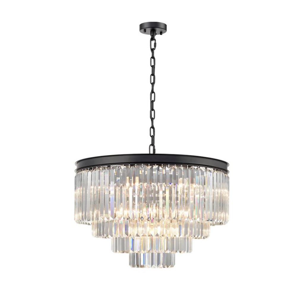 Extra large four tier crystal prism chandelier, beautiful crystal fixture and the black band gives it a contemporary feel. Great over a dining table, would work well in an open kitchen diner.