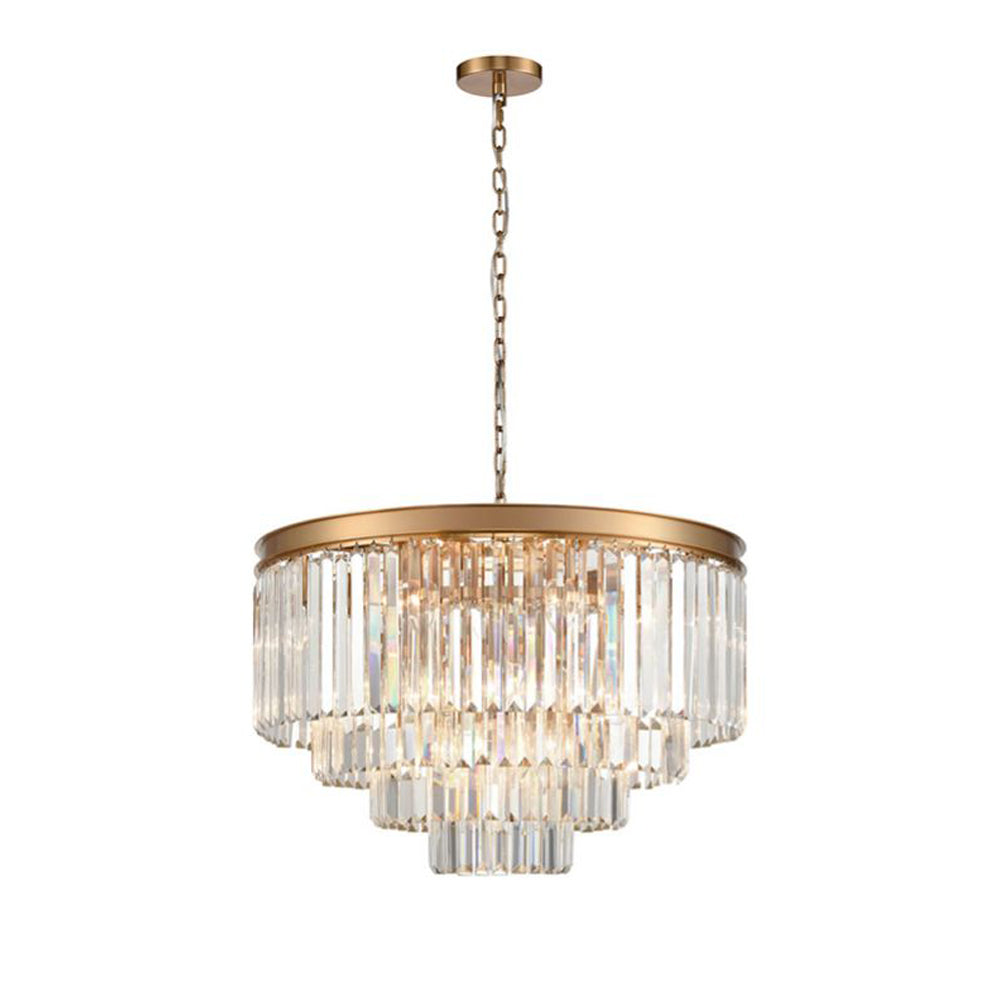 Four‑tier chandelier with cascading clear crystal rods and a polished gold band, hanging from an adjustable chain.