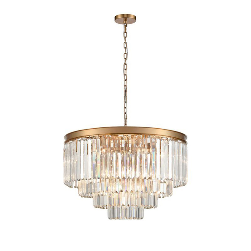 Four‑tier chandelier with cascading clear crystal rods and a polished gold band, hanging from an adjustable chain.