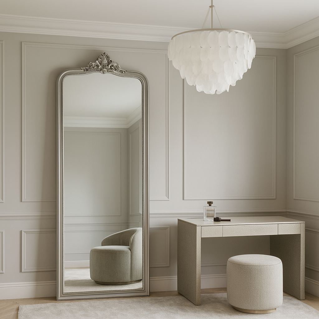 A tall, narrow silver framed mirror with decorative crown in a dressing room