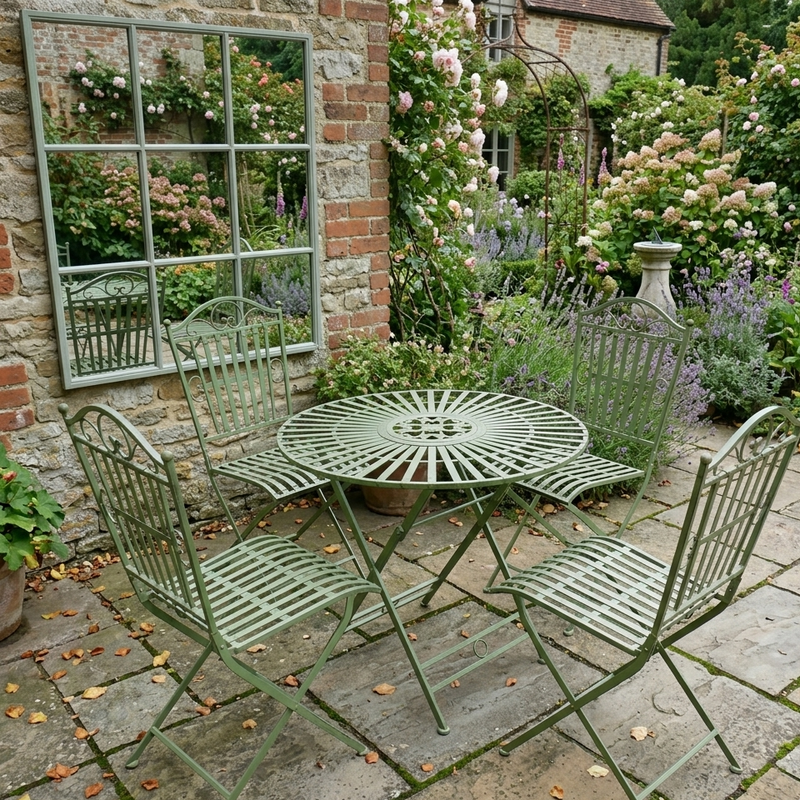 Five piece folding patio set in a country garden setting.