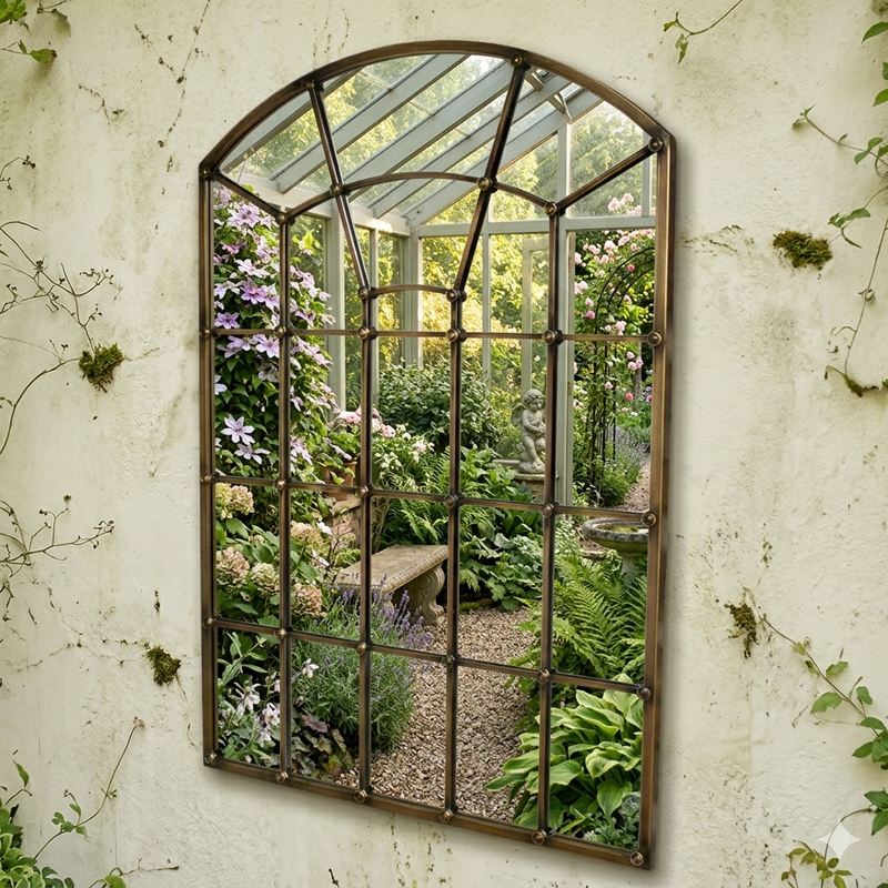 A garden mirror on the wall in a greenhouse setting, reflecting a conservatory bench.