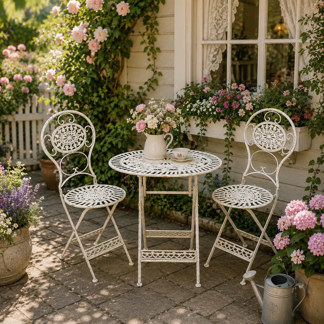 Three piece patio set under a cottage window in a cottage garden patio, with potted plants.