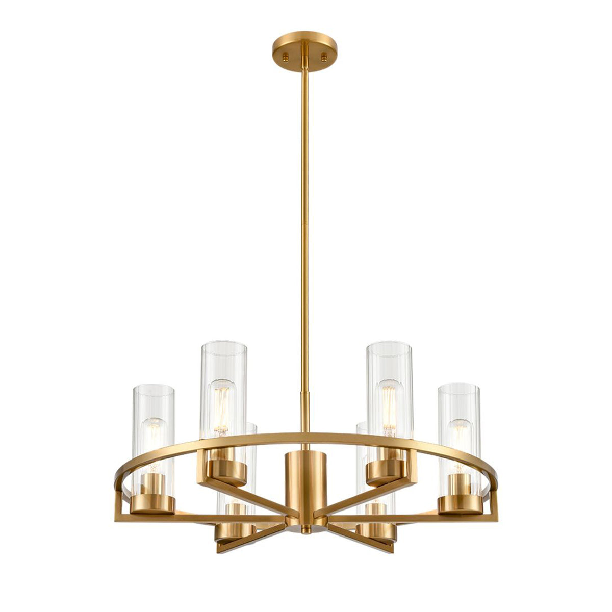 Stunning gilt metal chandelier with 6 cylindrical ribbed tube lights. The height is adjusted by 4 rods (included with product). 