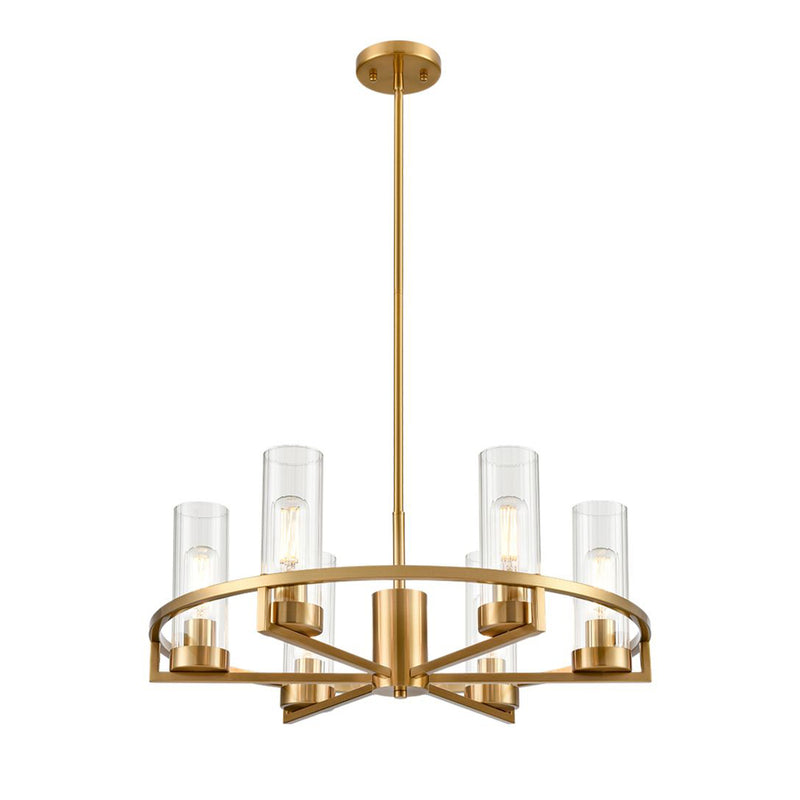 Stunning gilt metal chandelier with 6 cylindrical ribbed tube lights. The height is adjusted by 4 rods (included with product). 