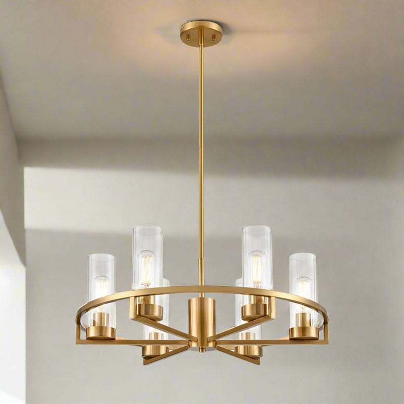 Stunning gilt metal chandelier with 6 cylindrical ribbed tube lights. The height is adjusted by 4 rods (included with product). 