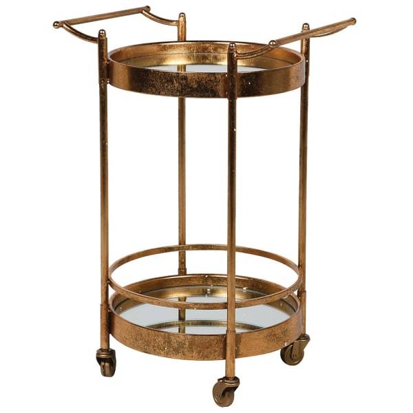 Gold metal bar cart with two shelves on a white background