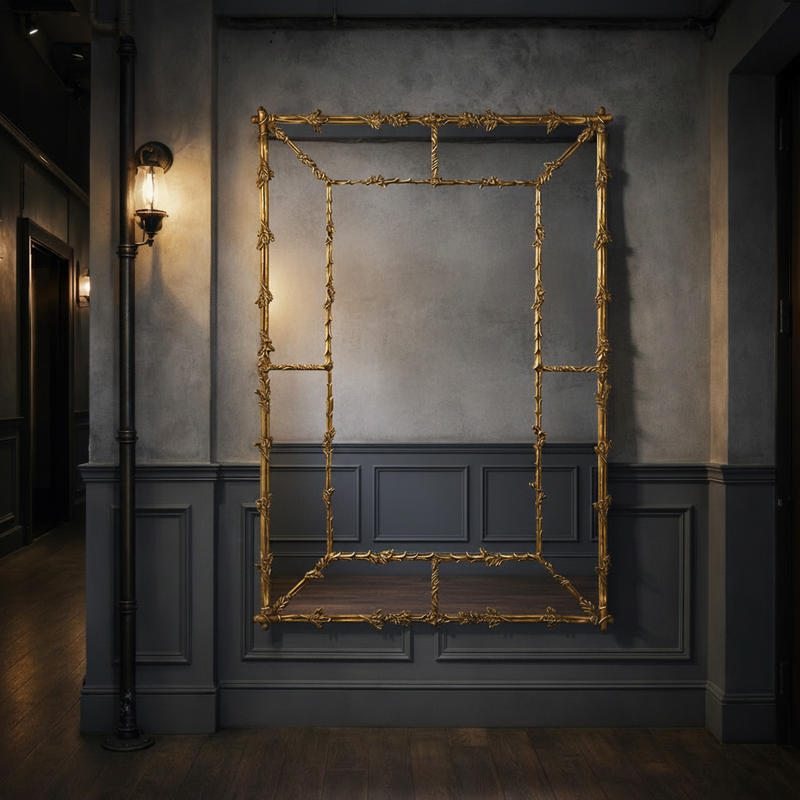 A very large matt gold gilt panel leaf mirror with a rustic verdigris finish.Panelled beveled glass sides reflect so much light in the vicinity of this stunning metal mirror. In a hall entrance