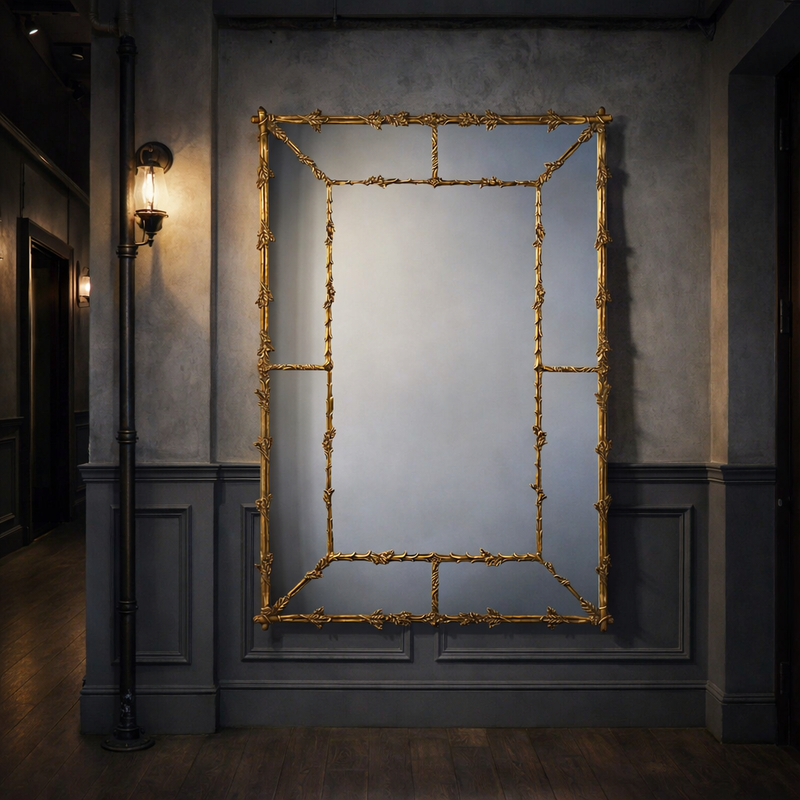Gilt, verdigris coloured paneled mirror in an industrial style hallway, on mottled wall with grey panelling and wooden floors.