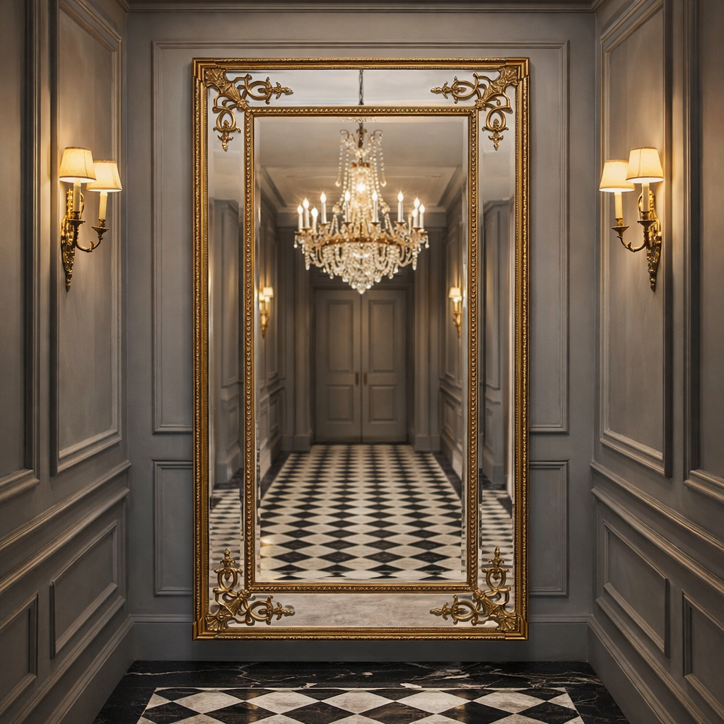 Luxurious interior with a large ornate mirror reflecting a chandelier and walls.