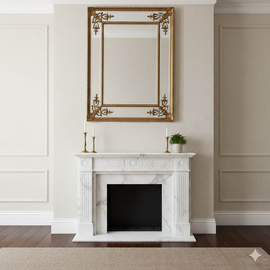 Tall, slim paneled mirror with decorative corner motif. Exceptionally elegant mirror - the beveled glass panels reflecting light in any room.