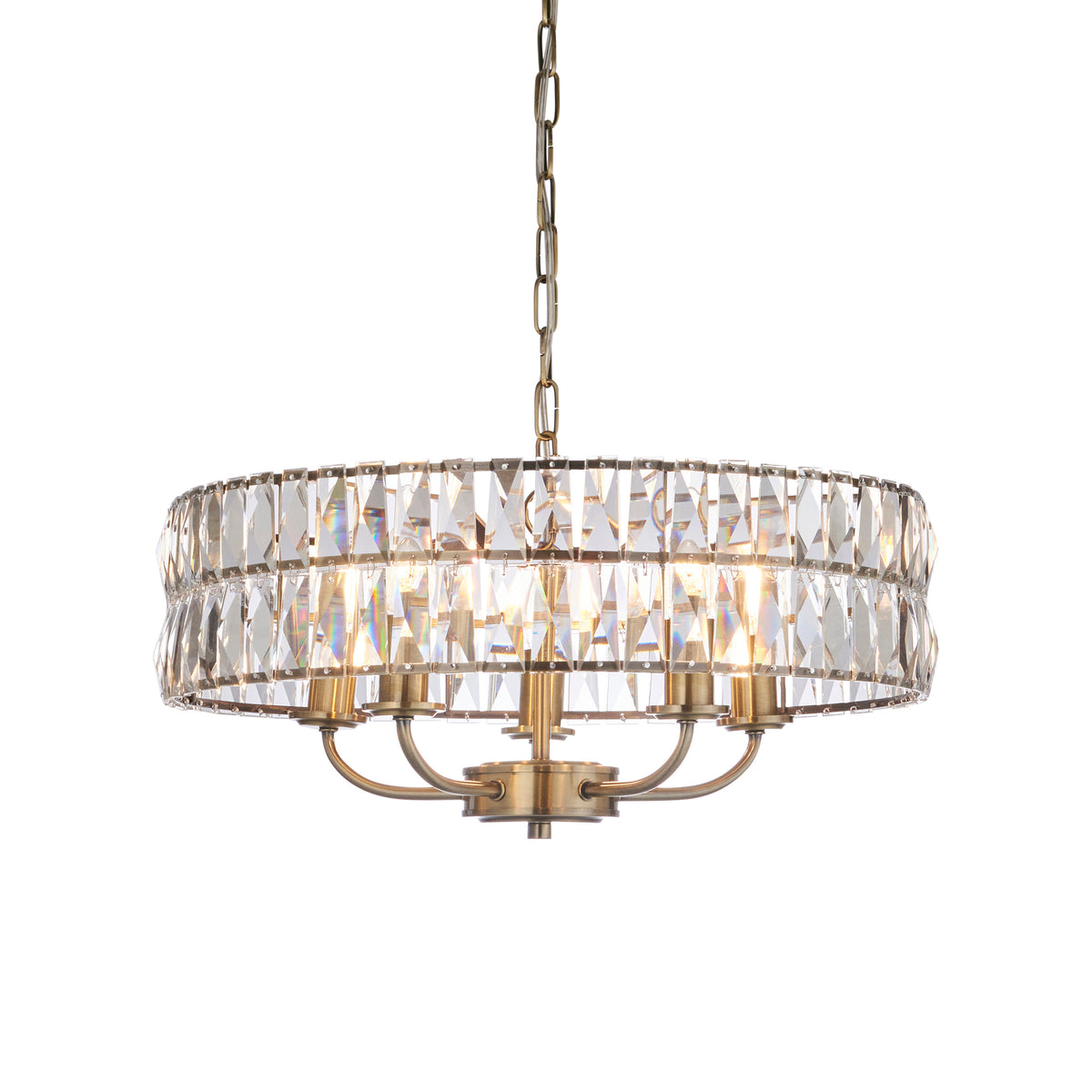 Gilt metal banded faceted, cut glass chandelier with 5 lights. Perfect sitting room or bedroom light, will add warmth and elegance to any room.&nbsp;