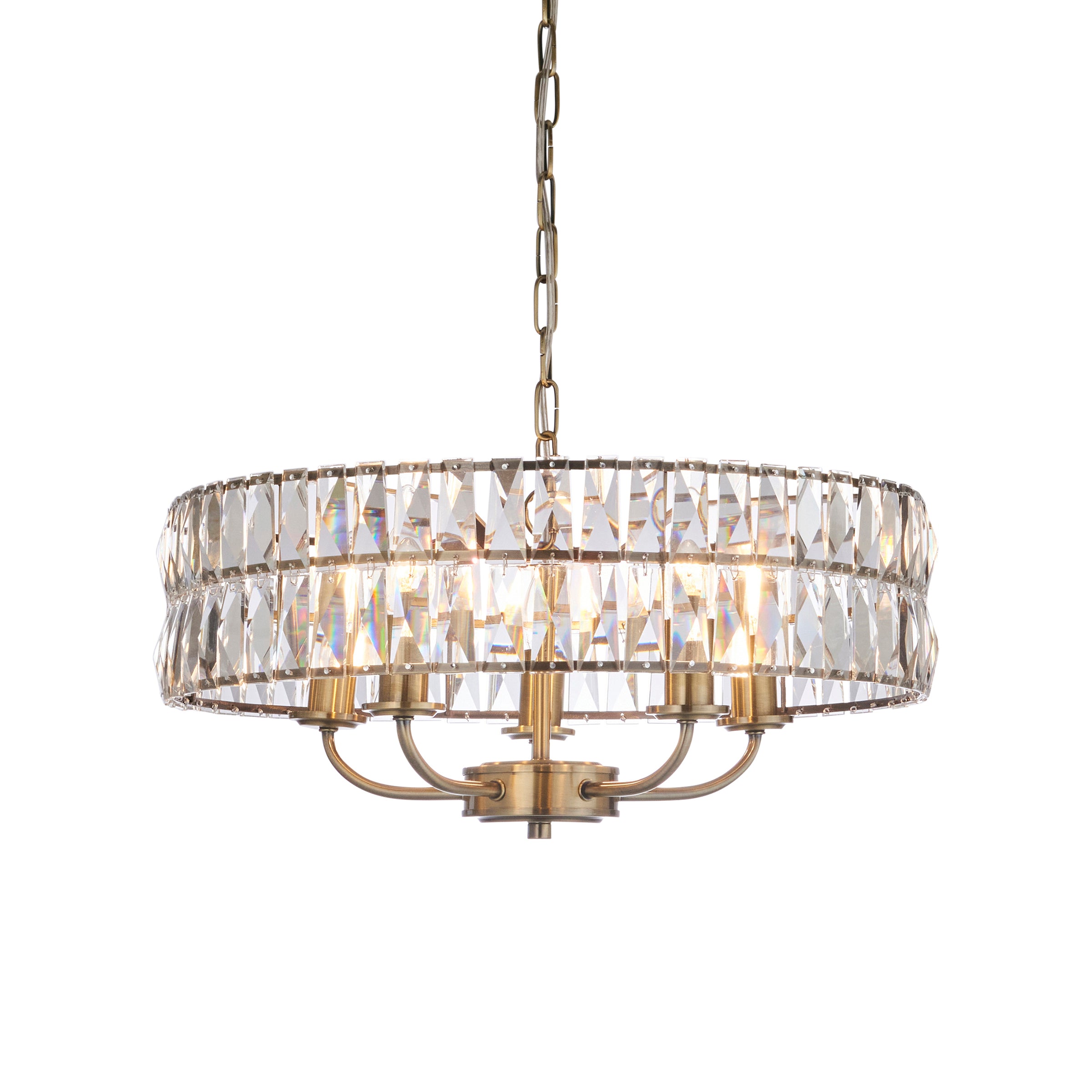 Gilt metal banded faceted, cut glass chandelier with 5 lights. Perfect sitting room or bedroom light, will add warmth and elegance to any room.&nbsp;