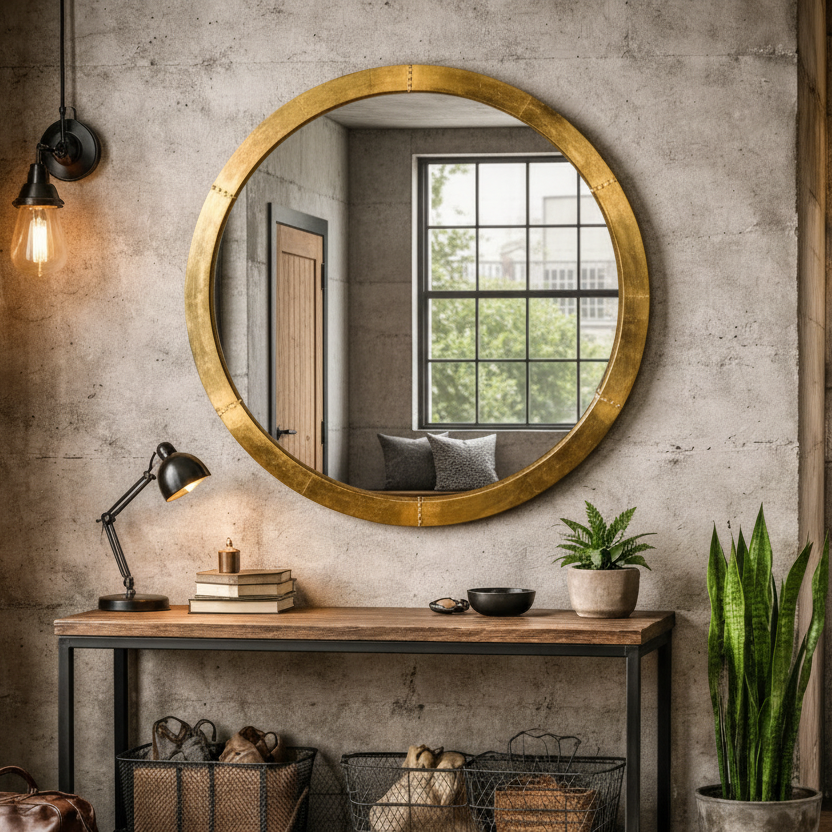 Round, banded gilt metal framed mirror,in an urban hall with industrial console table and limewashed walls.