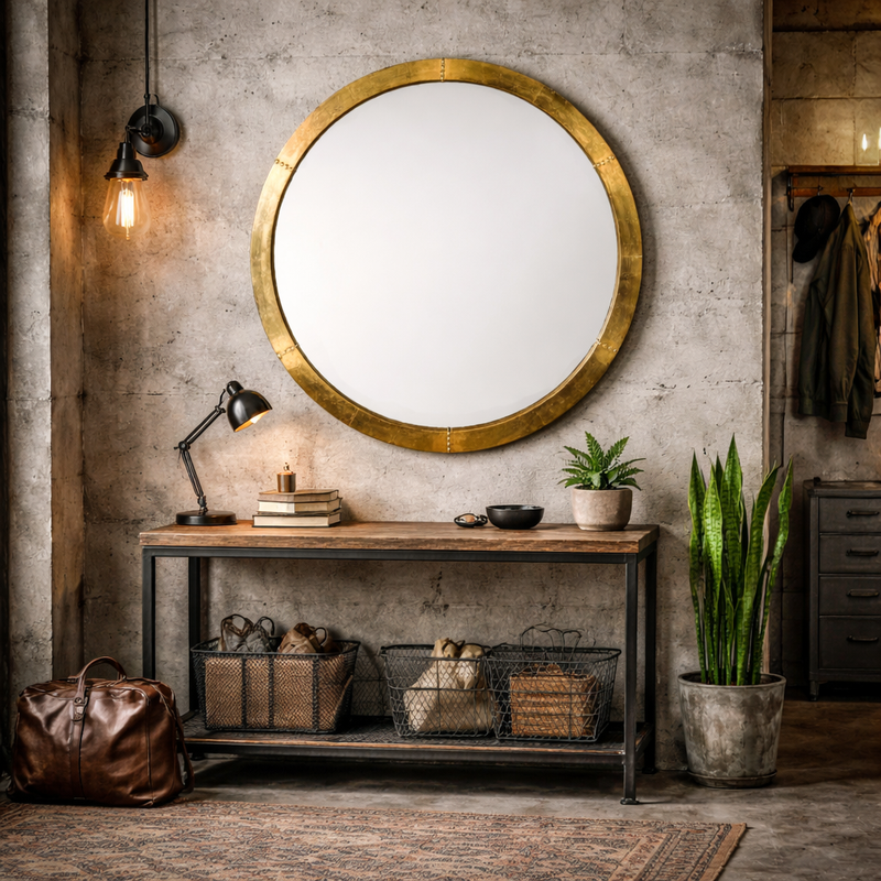Round, banded gilt metal framed mirror,in an urban hall with industrial console table and limewashed walls.