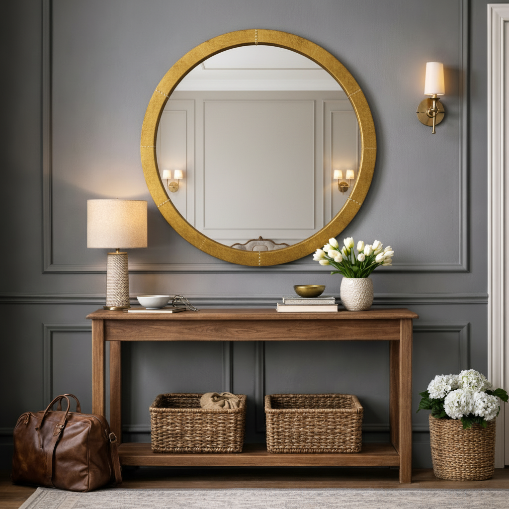 Round, banded gilt metal framed mirror,in a living room