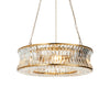 Gilt metal chandelier with concave crystal design and adjustable height, ideal for modern interiors. Elegant crystal chandelier for home lighting décor.